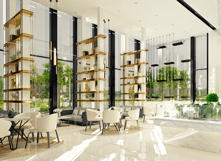 Modern cafe interior with large windows