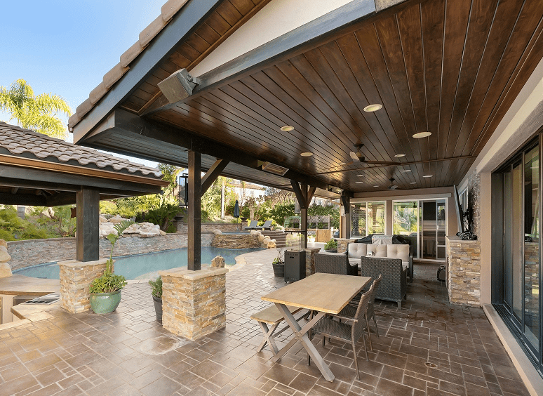 Modern patio with wooden ceiling